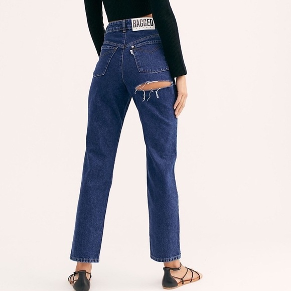 Ragged Denim Butt Ripped Straight Leg Jeans - Picture 1 of 12